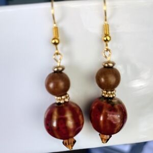 Elegant Burgundy, Gold, and Brown Beaded Dangle Earrings